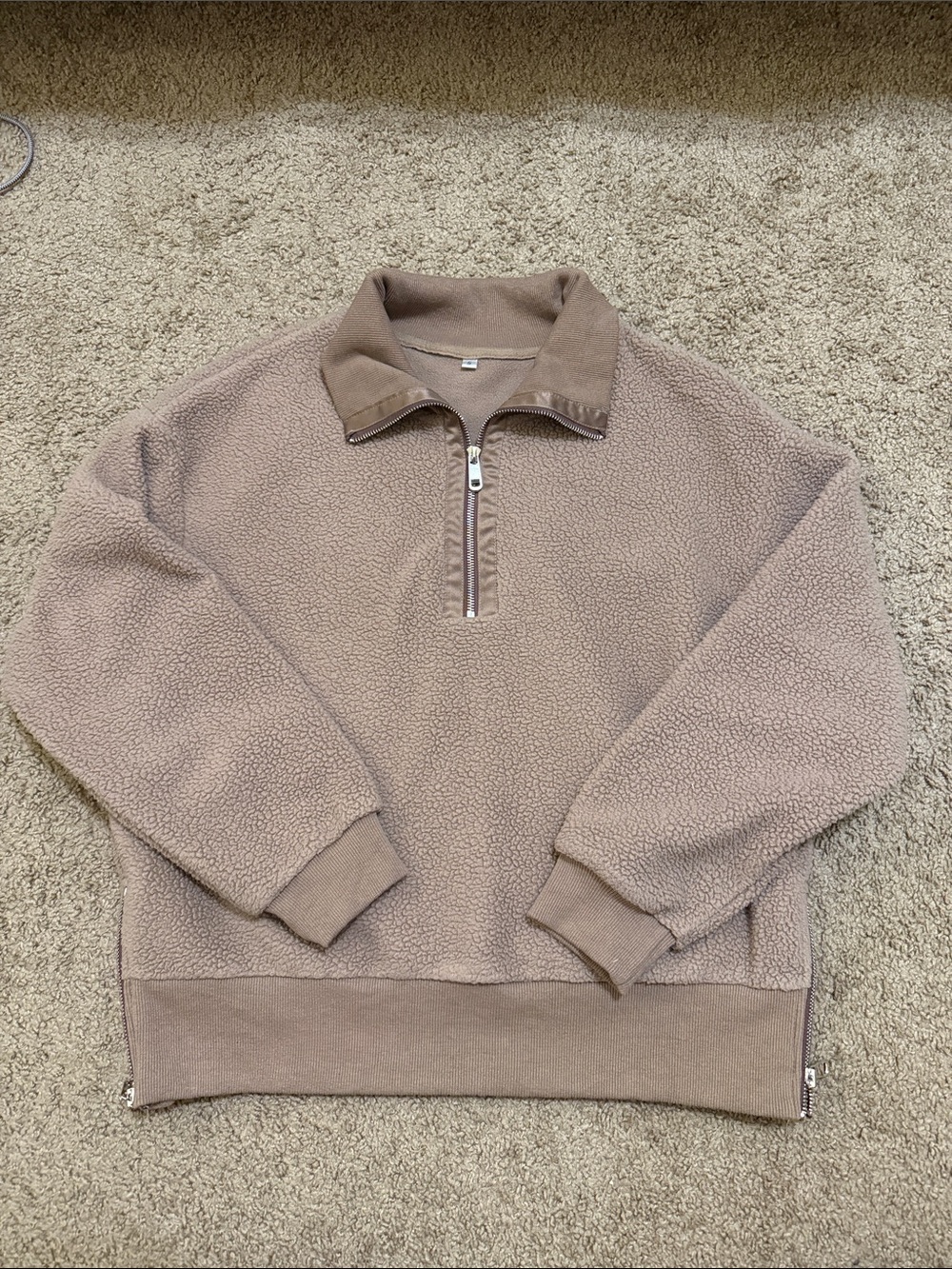 Women’s Taupe Sherpa Quarter-Zip Pullover Sweater